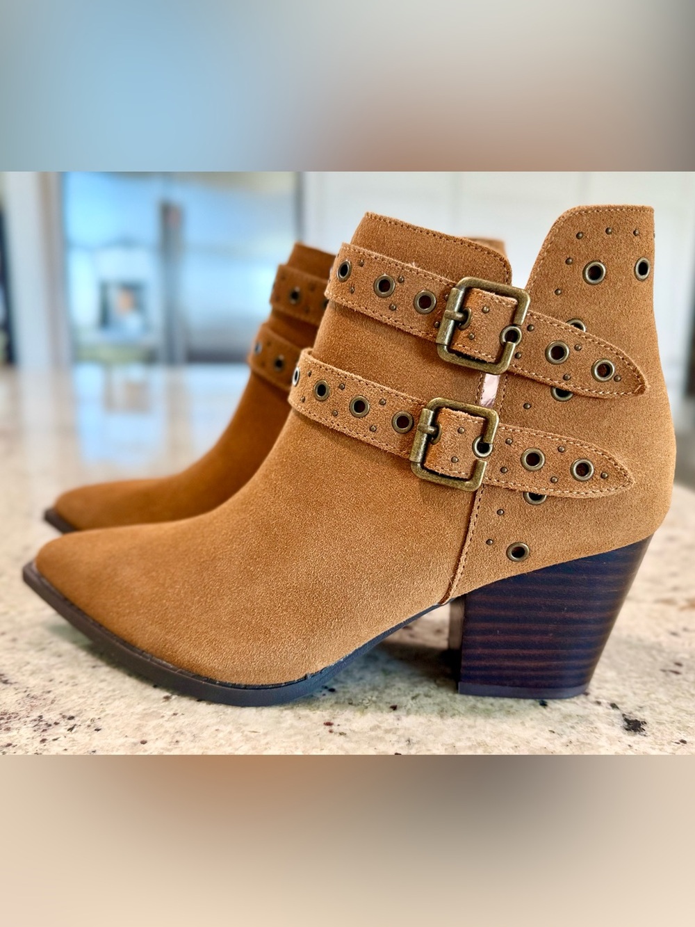 naughty monkey Suede Double-Buckle Ankle Booties in Camel "NEW"